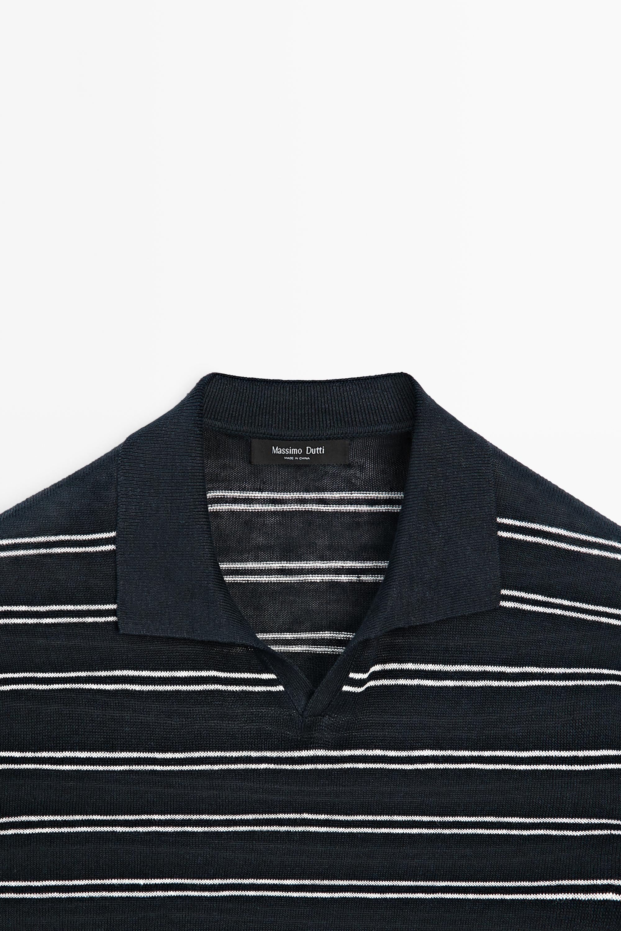 Striped 100% linen V-neck polo shirt