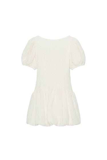 Zara JACQUARD BALLOON MINI DRESS - Ecru
