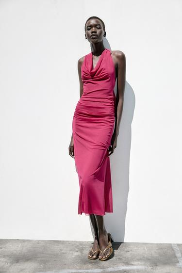 Zara DRAPED HALTER TULLE DRESS - Raspberry - Image 0