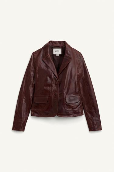 Zara LIMITED EDITION 100% LEATHER CROPPED BLAZER - Burgundy