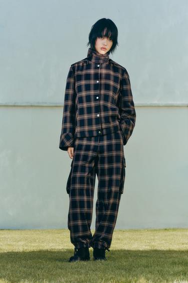 Zara 格紋寬鬆工裝褲 - 紅色/海藍色