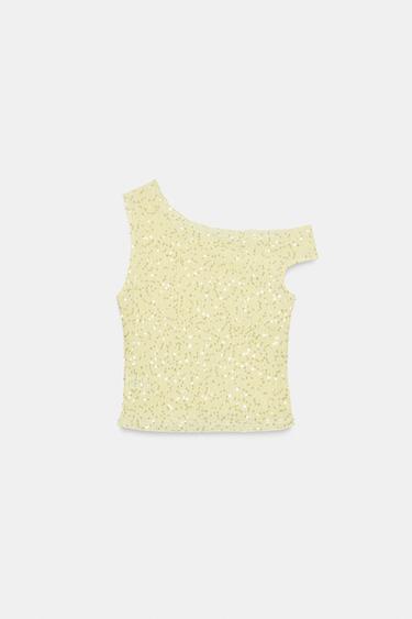 TOP ASYMÉTRIQUE À PAILLETTES - Jaune de Zara - Image 6