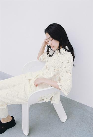 ZW 컬렉션 펀칭 자수 팬츠 - Zara 크림