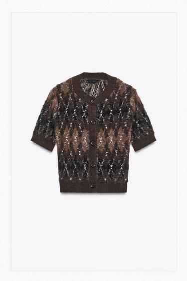 ARGYLE KNIT SHORT SLEEVE CARDIGAN - Brown by Zara