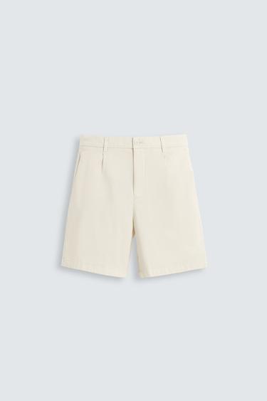 Zara 標準版褶襉百慕達短褲 - 磨白色