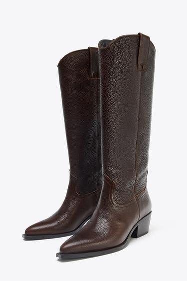 LEATHER KNEE-HIGH BOOTS - Brown by Zara - Image 1