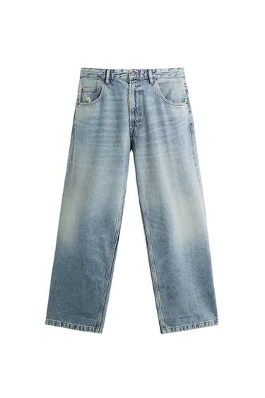 Front view of blue jeans with front and back pockets.