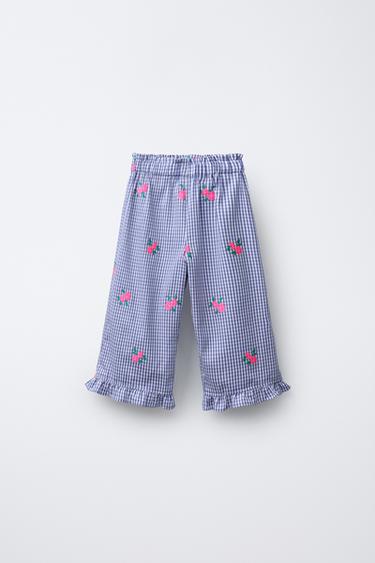 PANTALÓN CULOTTE CUADROS VICHY BORDADO FLORES - Azul de Zara - Imagen 0