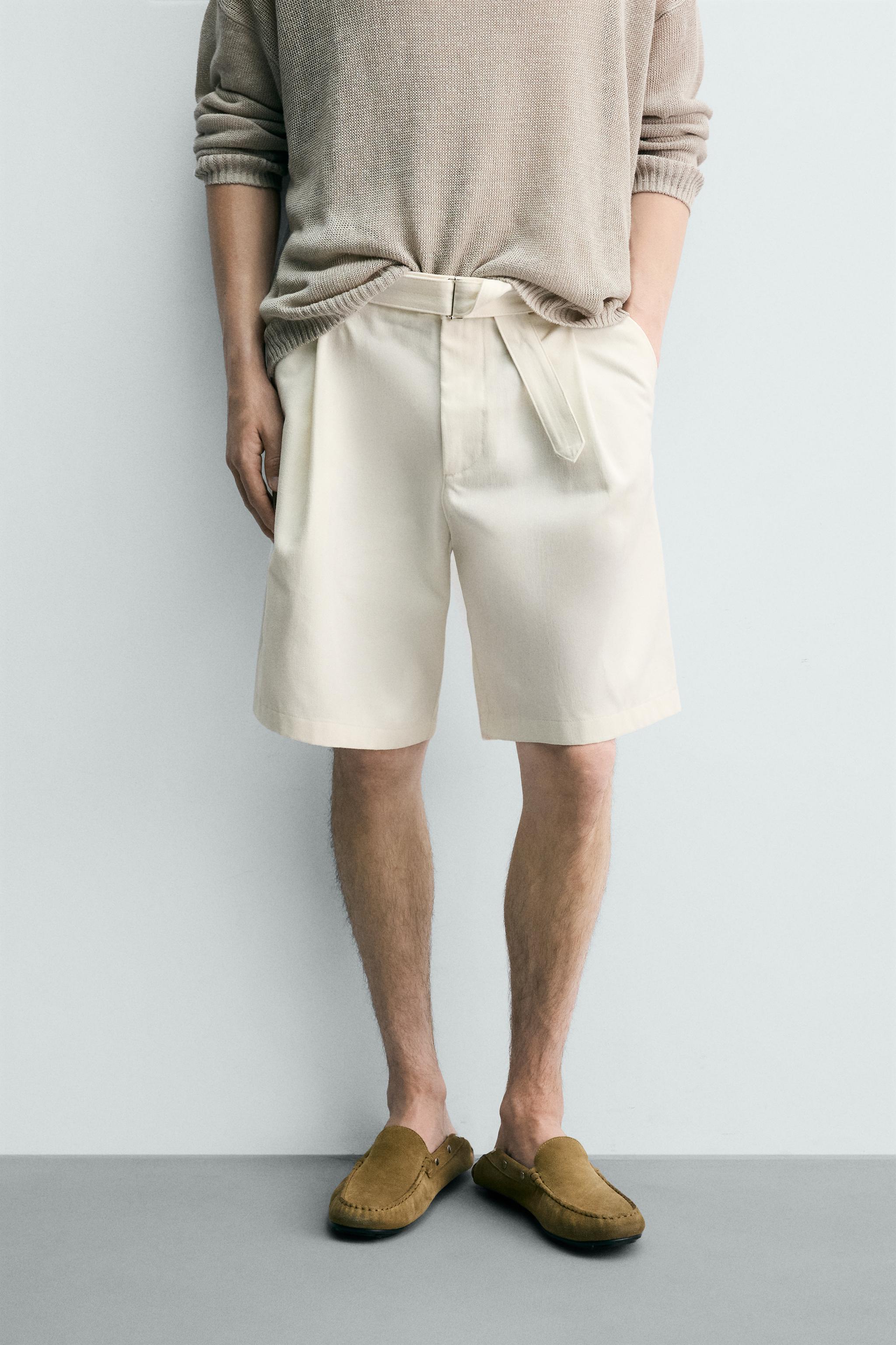 RELAXED FIT PLEATED BELTED SHORTS - Oyster-white | ZARA United States