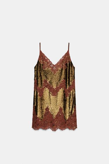 VESTIDO ENCAJE LENTEJUELAS ZW COLLECTION LIMITED EDITION - Dorado de Zara