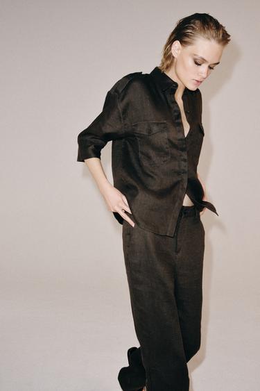 CAMISA LINO BOLSILLOS ZW COLLECTION - Visón de Zara