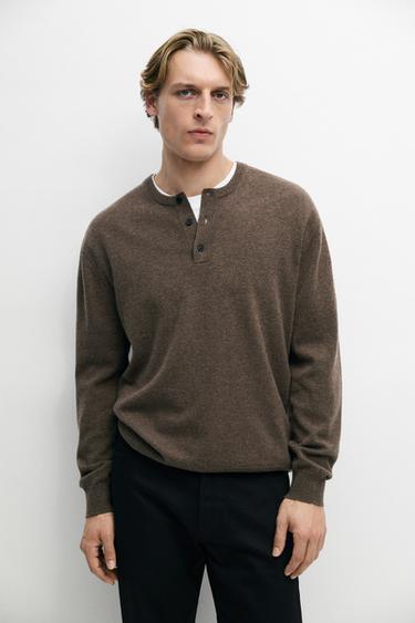 Wool-blend knit henley neck sweater — Brown / White 2