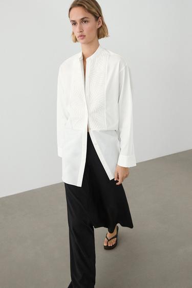 Camisa popelín bordado pechera 100% algodón - Blanco de Zara