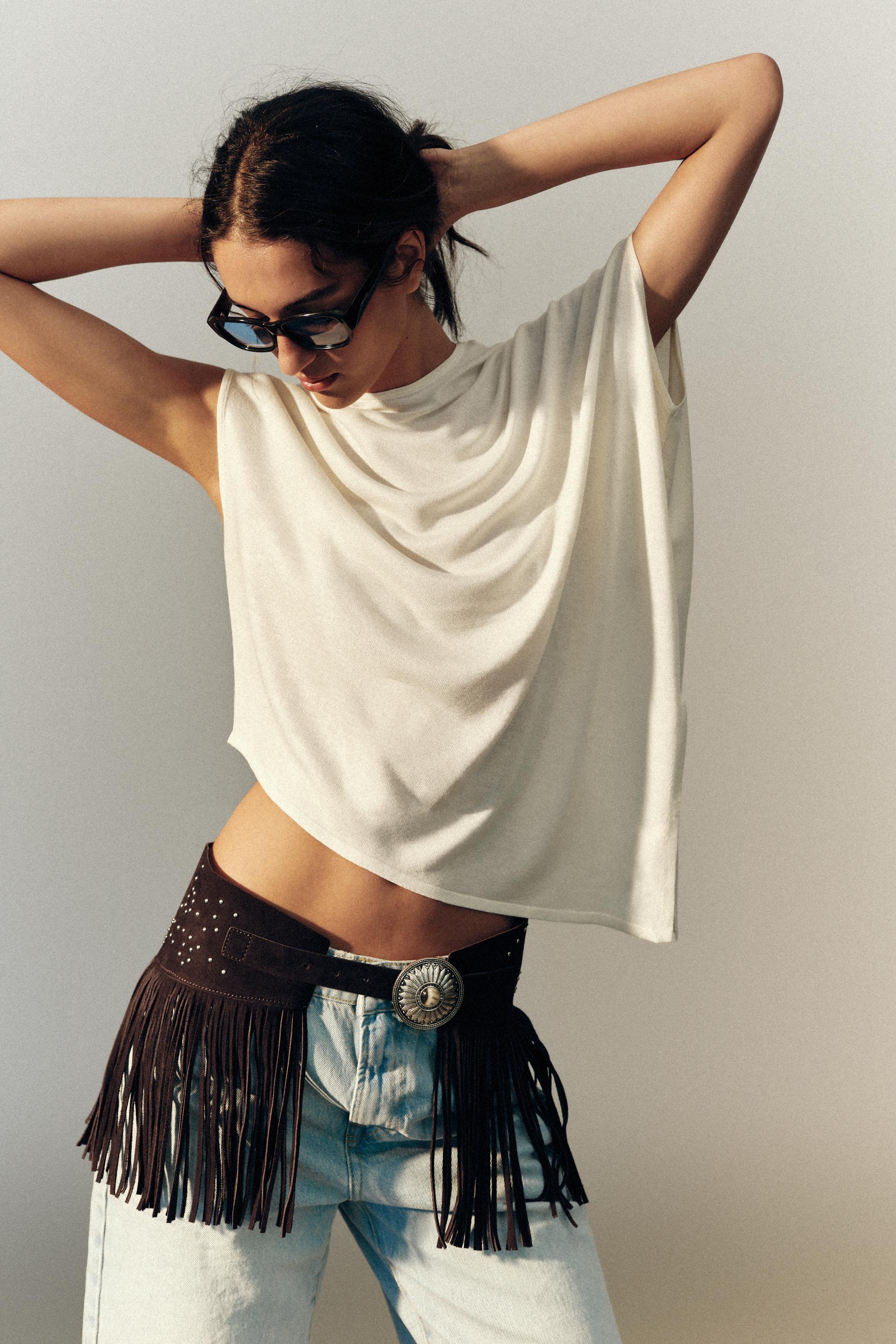 100% LEATHER FRINGED SKIRT BELT — Brown