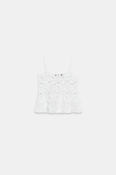 CROCHET KNIT FLORAL TOP - White by Zara - Image 4
