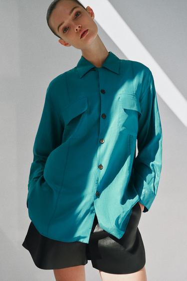 CAMISA FLUIDA BOLSILLOS ZW COLLECTION - Petróleo de Zara