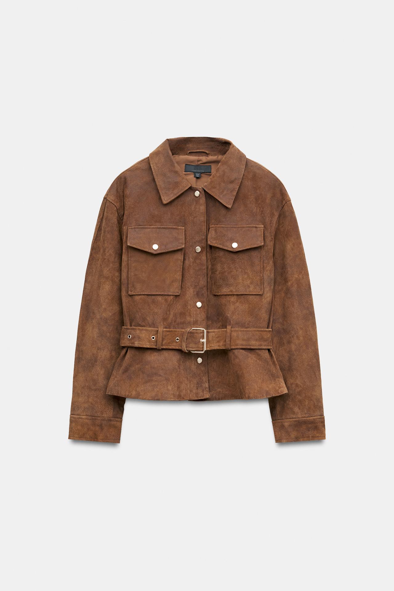 100% LEATHER BELTED JACKET — Light brown