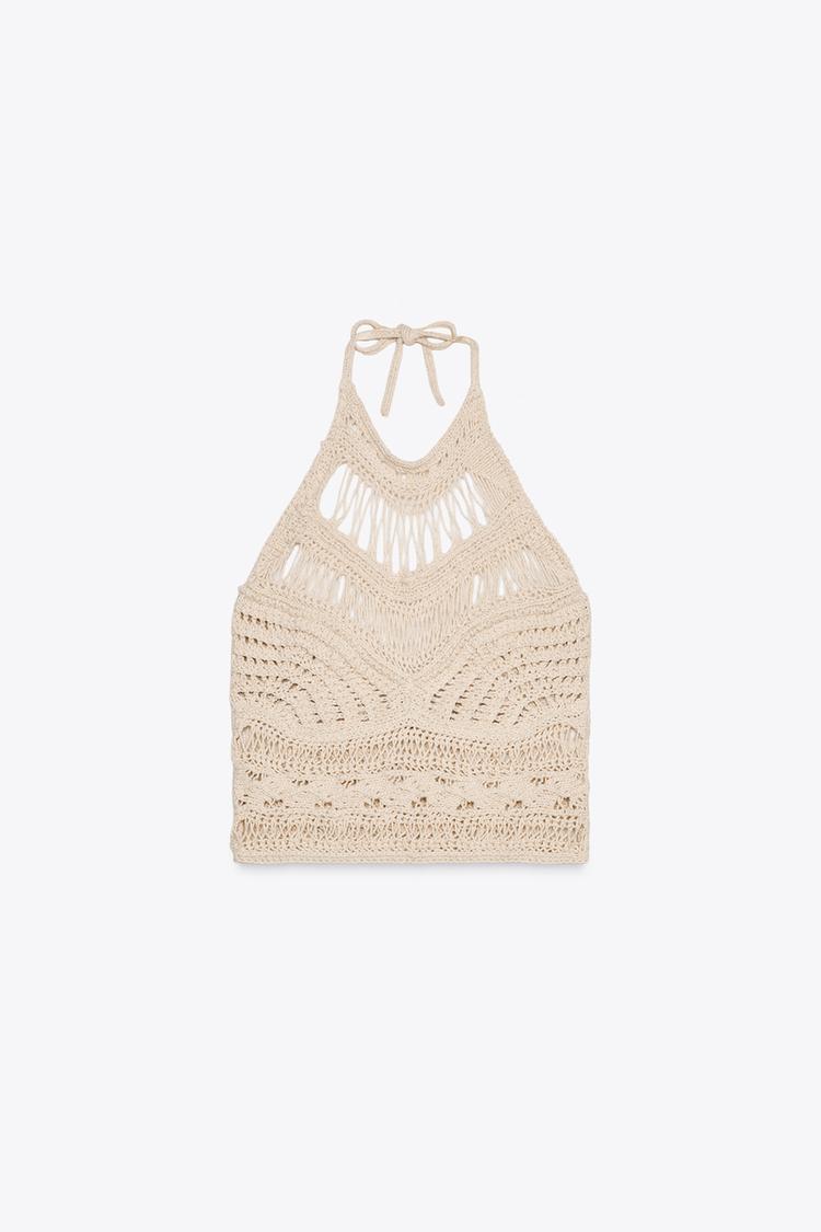 DISTRESSED KNIT HALTER TOP