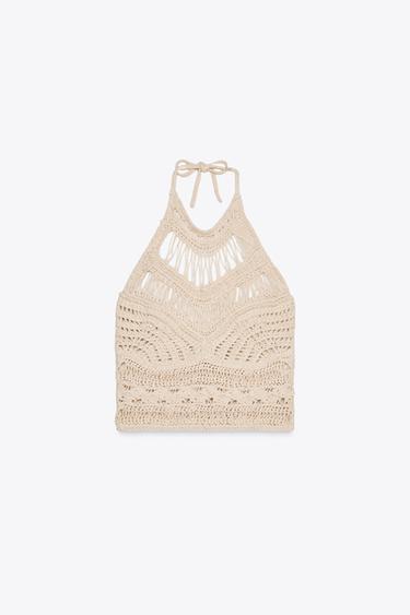 DISTRESSED KNIT HALTER TOP - Sand by Zara - Image 1
