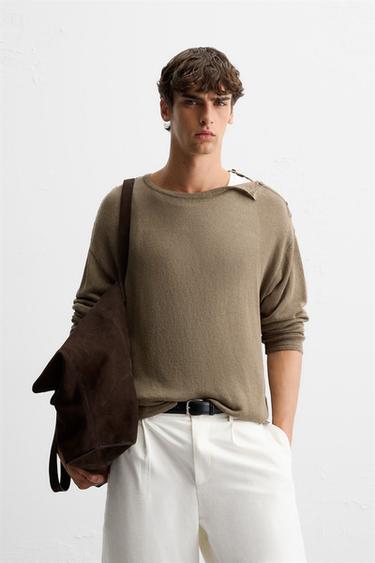 BUTTON-UP KNIT T-SHIRT - Dark beige by Zara