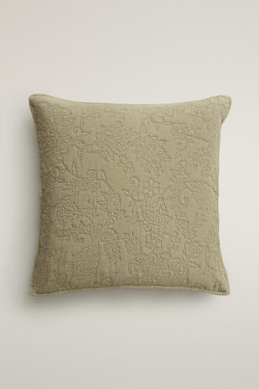FLORAL EMBROIDERED COTTON CUSHION COVER - Green by Zara