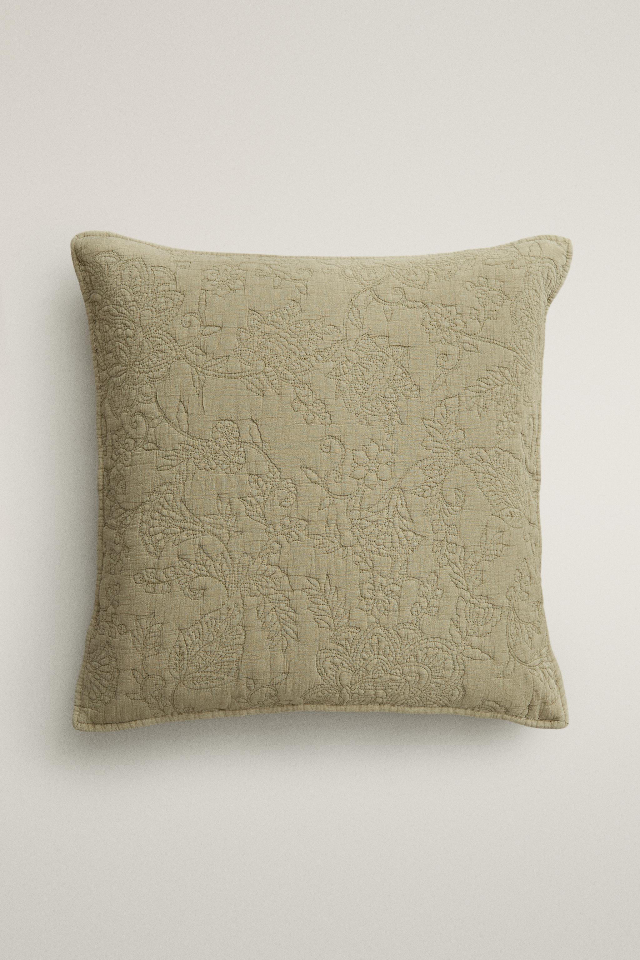 FLORAL EMBROIDERED COTTON THROW PILLOW COVER