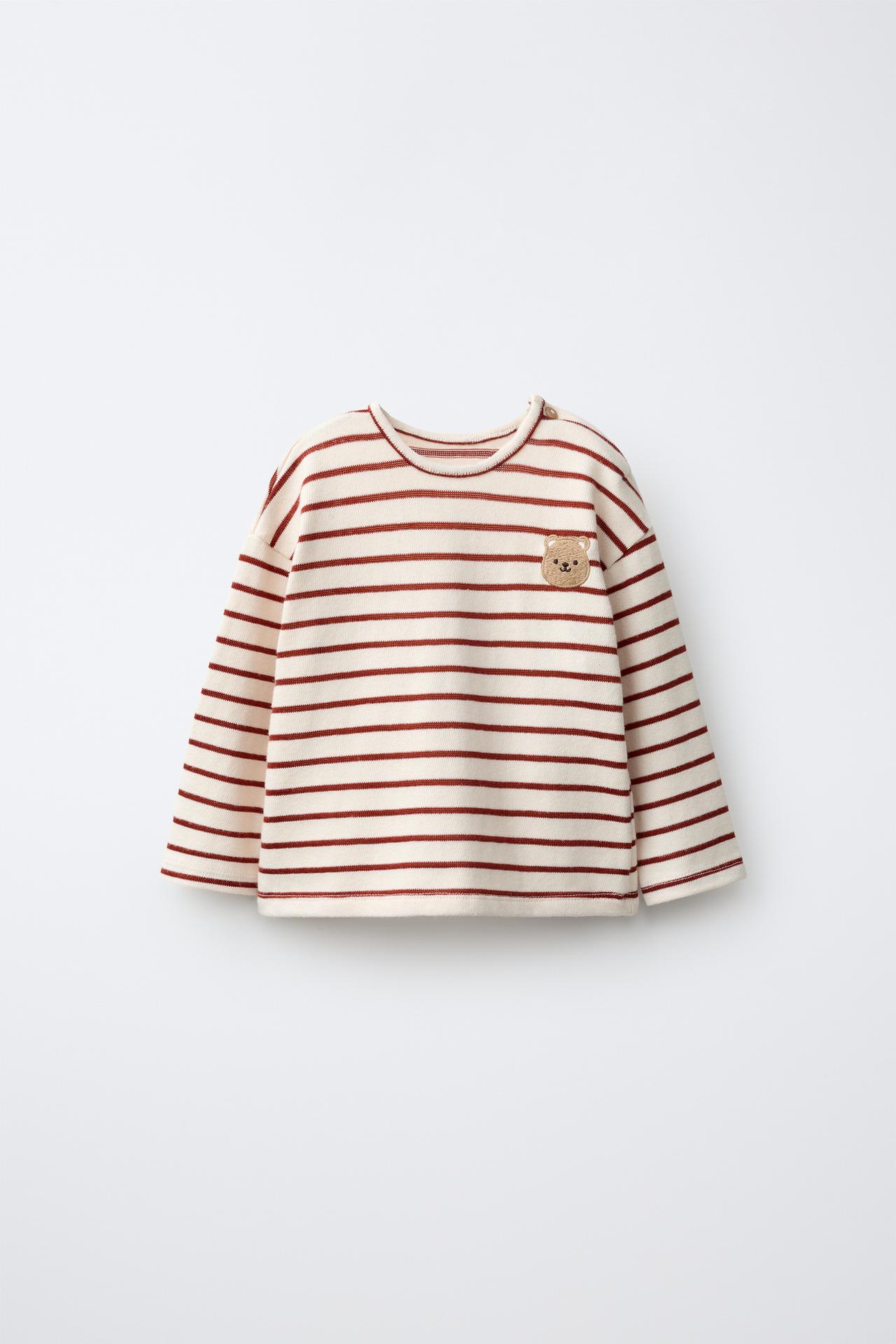 STRIPED BEAR EMBROIDERY T-SHIRT — Ecru