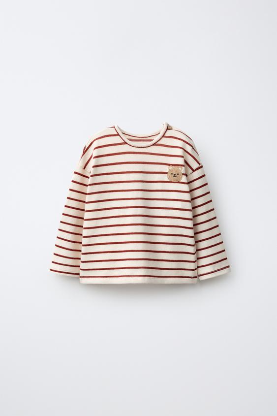 CAMISETA RAYAS BORDADO OSO - Crudo de Zara - Imagen 0