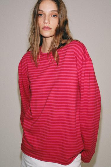 CAMISETA RAYAS ALGODÓN Y LINO - Rosa / Lila de Zara