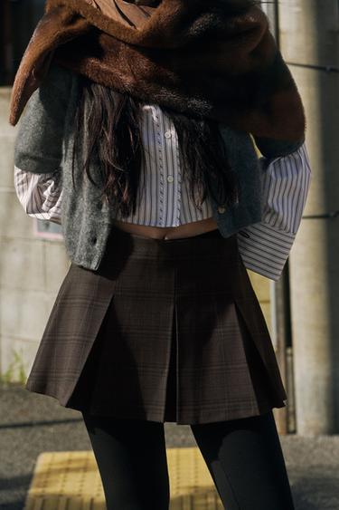 Zara 格紋打褶短褲裙 - 卡其色