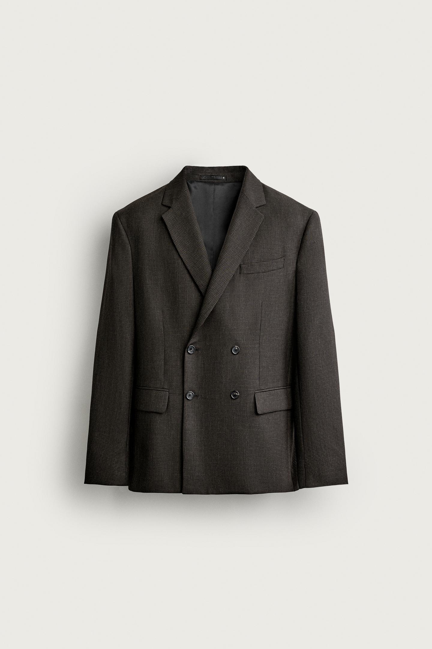 Мужской пиджак Zara Wool-Blend Houndstooth Double-Breasted Suit Blazer, цвет: Чёрный / Коричневый — фото 6