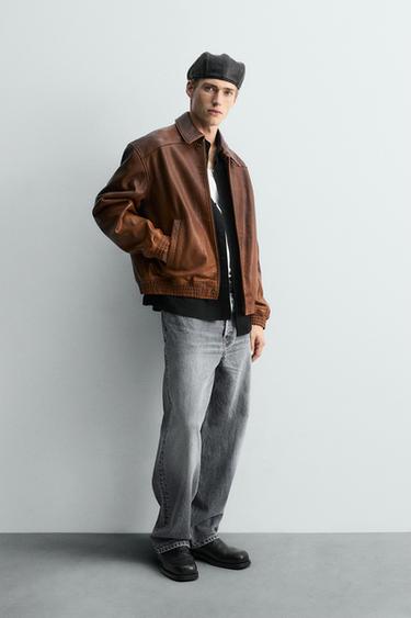 BLOUSON EN CUIR EFFET VINTAGE ÉDITION LIMITÉE - Cognac de Zara - Image 3