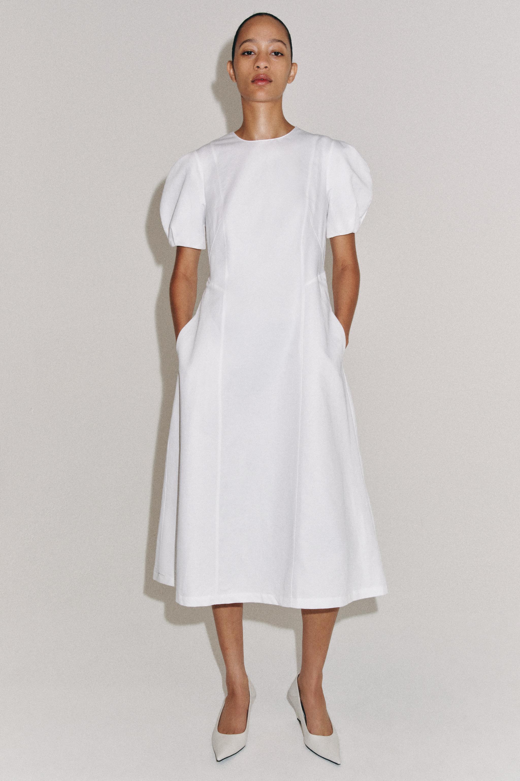 Zara - Zw Collection Linen Blend Midi Dress - White - L - Woman Zara - Zw Collection Linen Blend Midi Dress - White - L - Woman