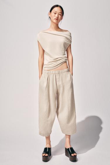 Zara 亞麻長褲 ZW COLLECTION - 淺米色