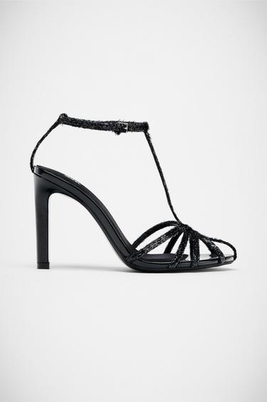 TEXTURED HEELED STRAPPY SANDALS - Black by Zara