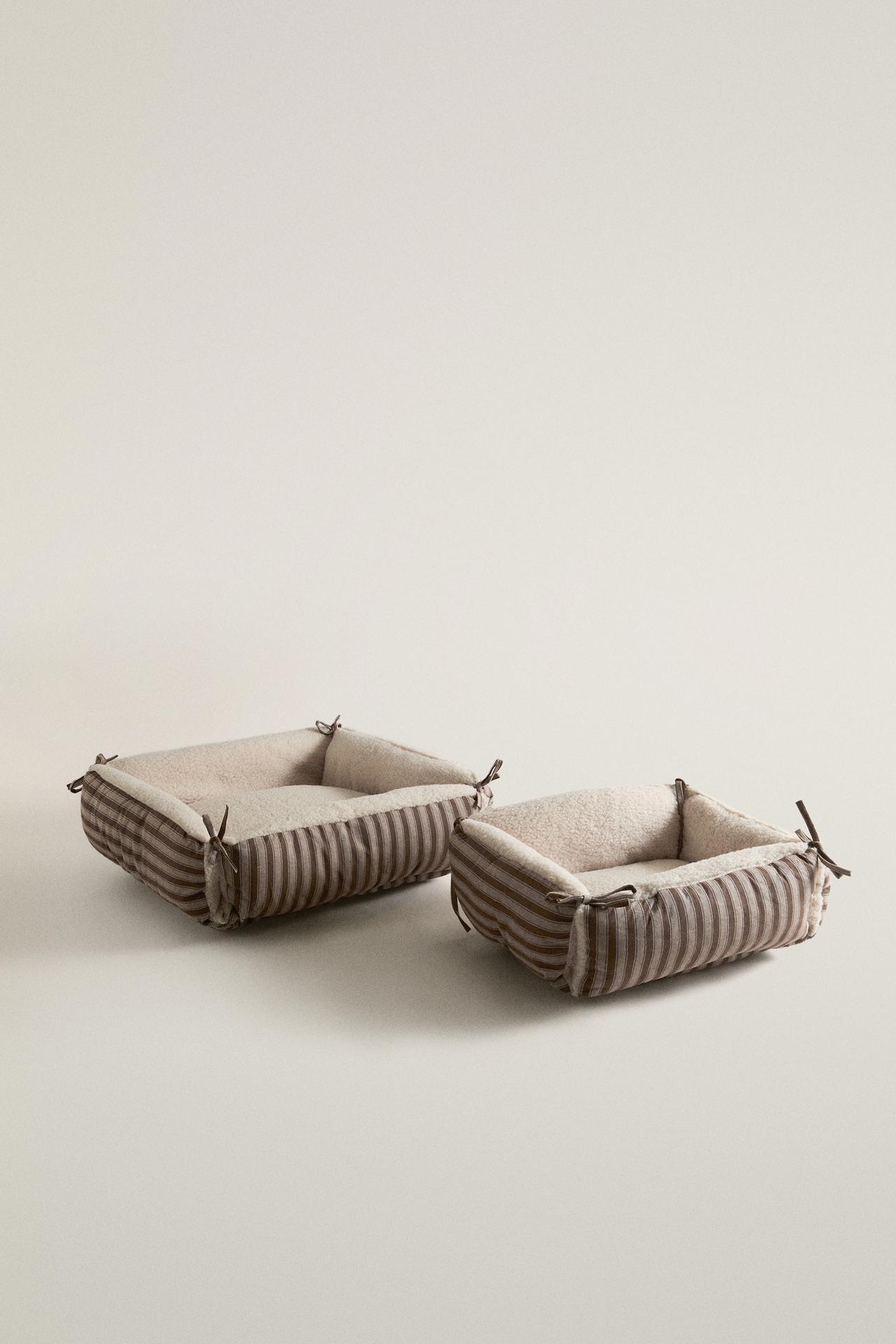 STRIPED FAUX SHEARLING PET BED — Brown