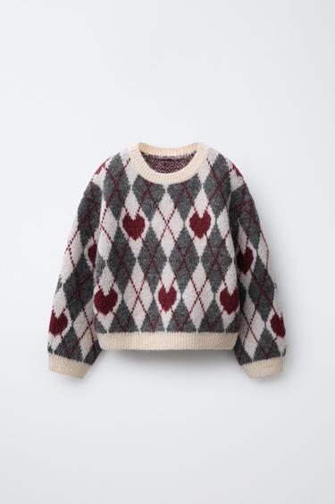 ARGYLE AND HEART KNIT JUMPER - Grey marl by Zara