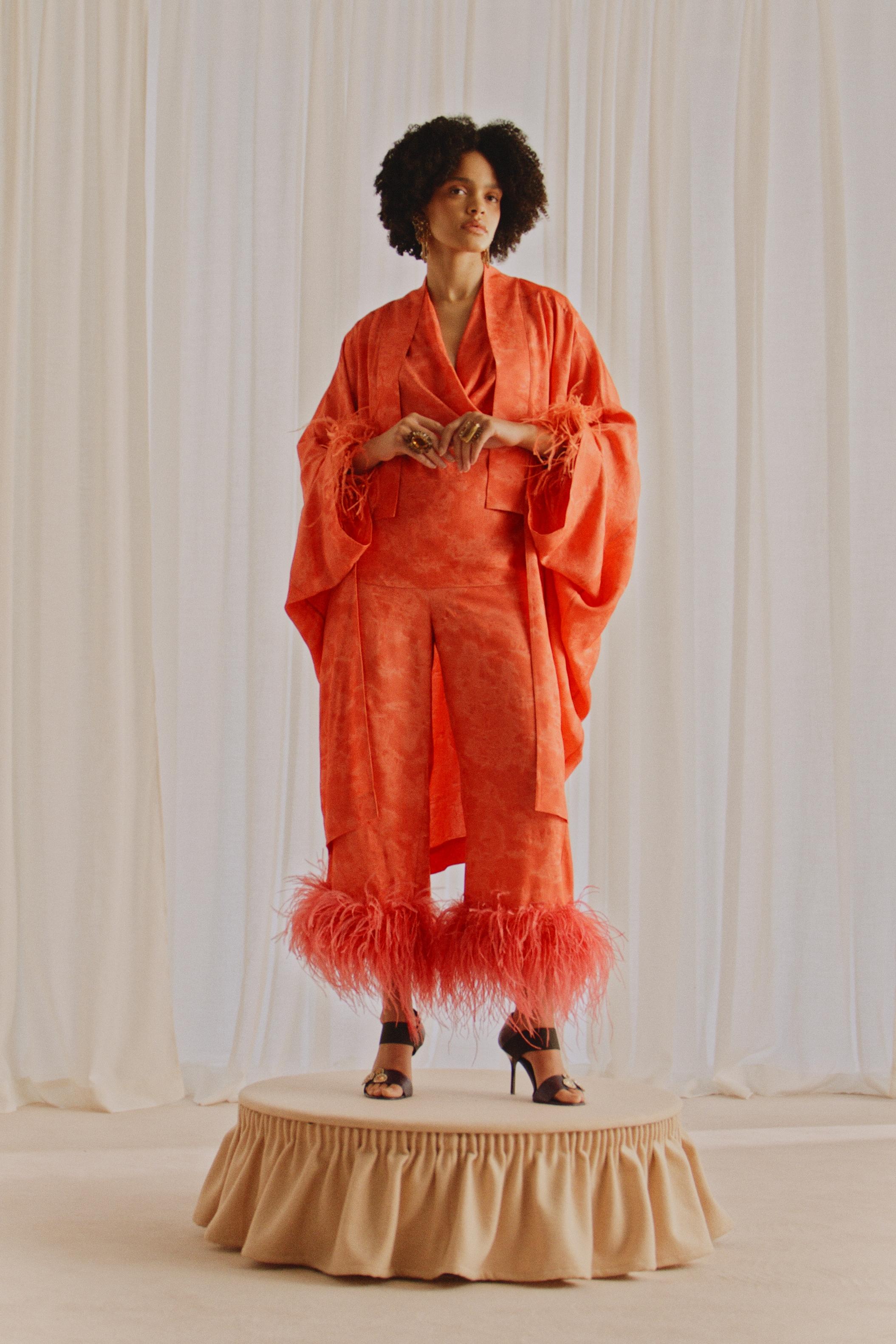 MARISA BERENSON X ZARA FEATHER WRAP SHIRT — Red / Orange