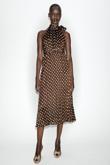 POLKA DOT MIDI DRESS WITH BOW - Brown / Ecru by Zara