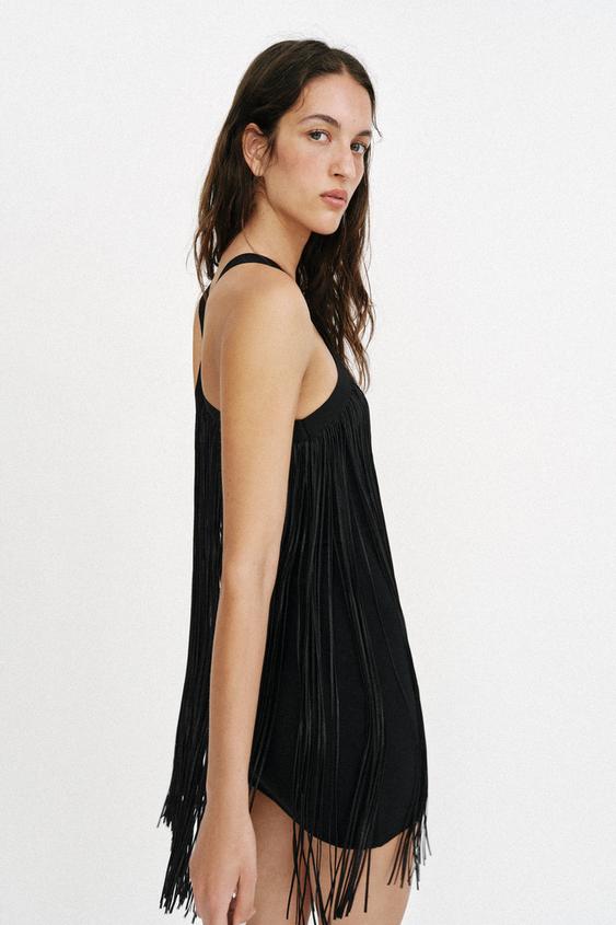 fringed mini dress zara FRINGED CROCHET SHORT DRESS - Light beige