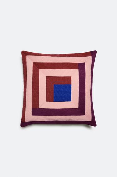 COTTON CUSHION COVER WITH SQUARES X COLLAGERIE - Pinks by Zara