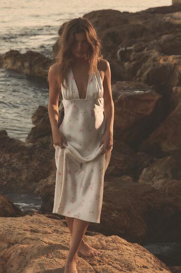 VESTIDO MIDI ACETINADO COM FLORES - Branco / Rosa da Zara