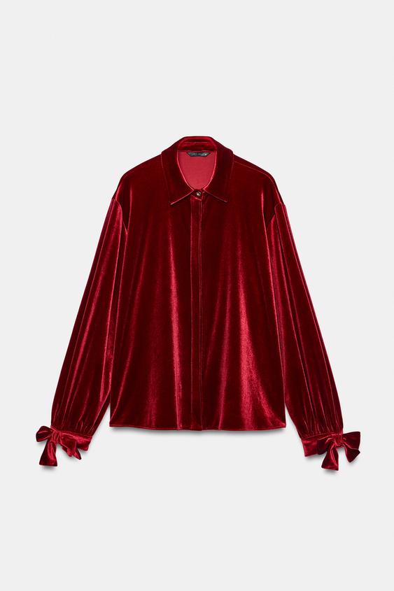 VELVET BLOUSE WITH BOWS - Burgundy by Zara - Image 0