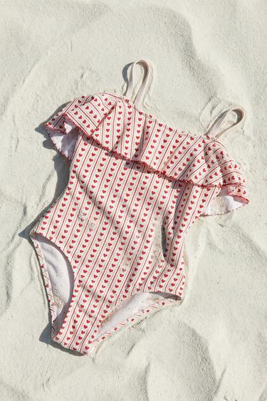 AGES 6-14/ RUFFLED HEART PRINT SWIMSUIT - Red by Zara