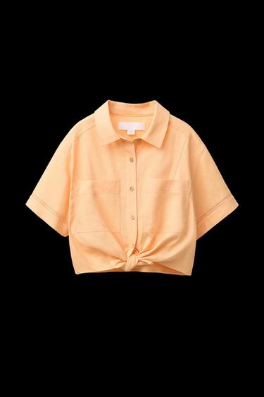 Zara KNOTTED LINEN BLEND SHIRT - Tangerine - Image 0