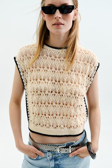 Zara POINTELLE KNIT VEST - Ecru
