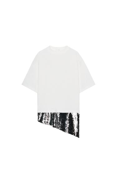 Zara ASYMMETRIC SEQUIN T-SHIRT - Ecru