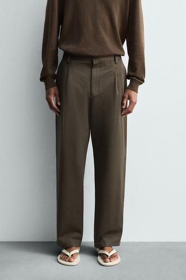 Zara COTTON - LINEN PLEATED PANTS - Black / Brown