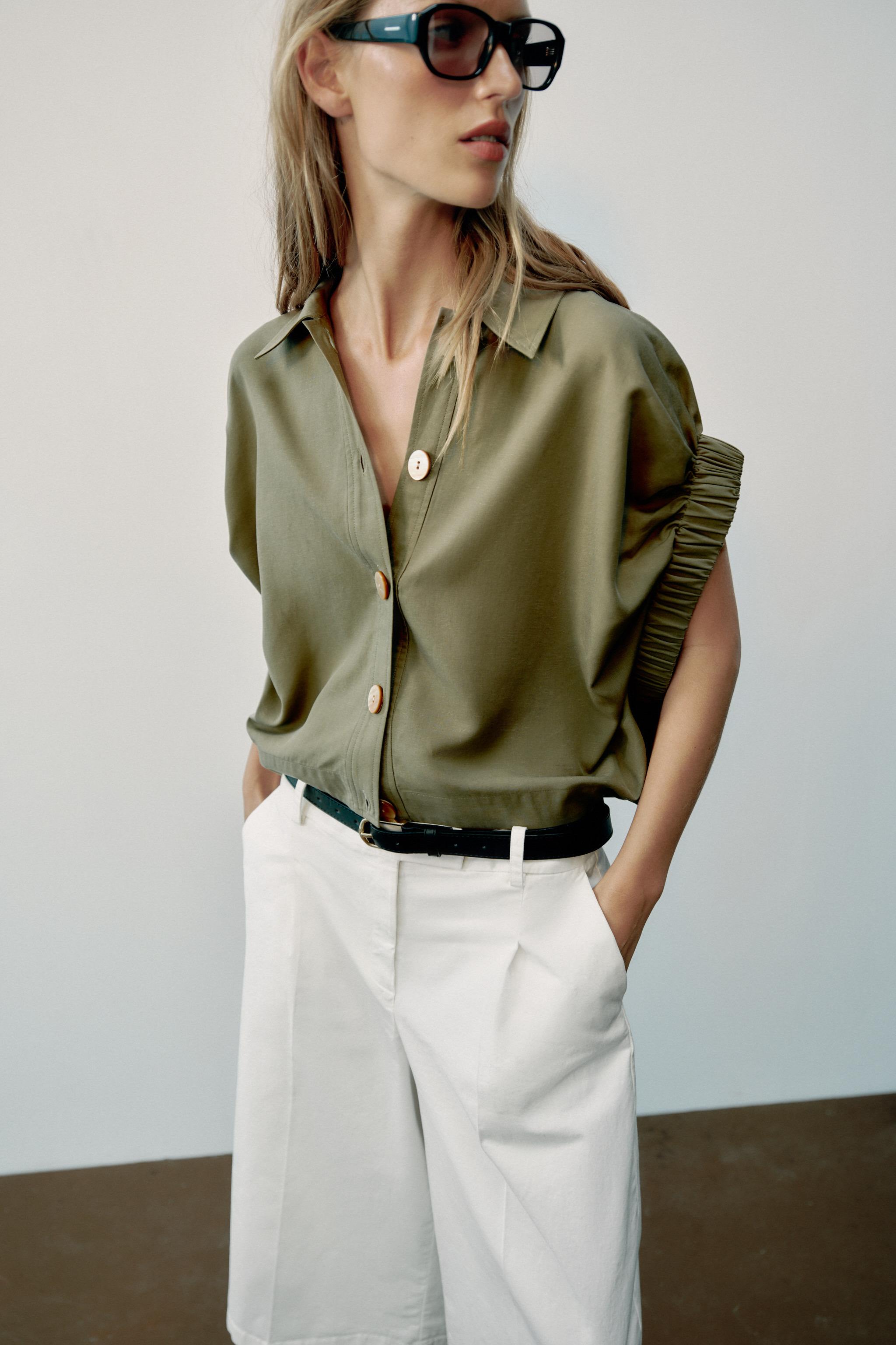 DRAPED SLEEVE SHIRT — Light khaki