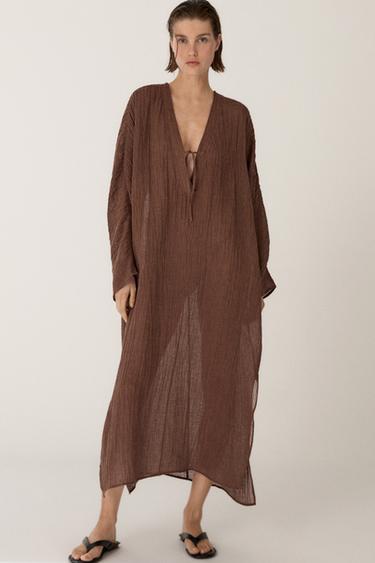 Robe tunique en lin mélangé à nouer - Marron clair de Zara
